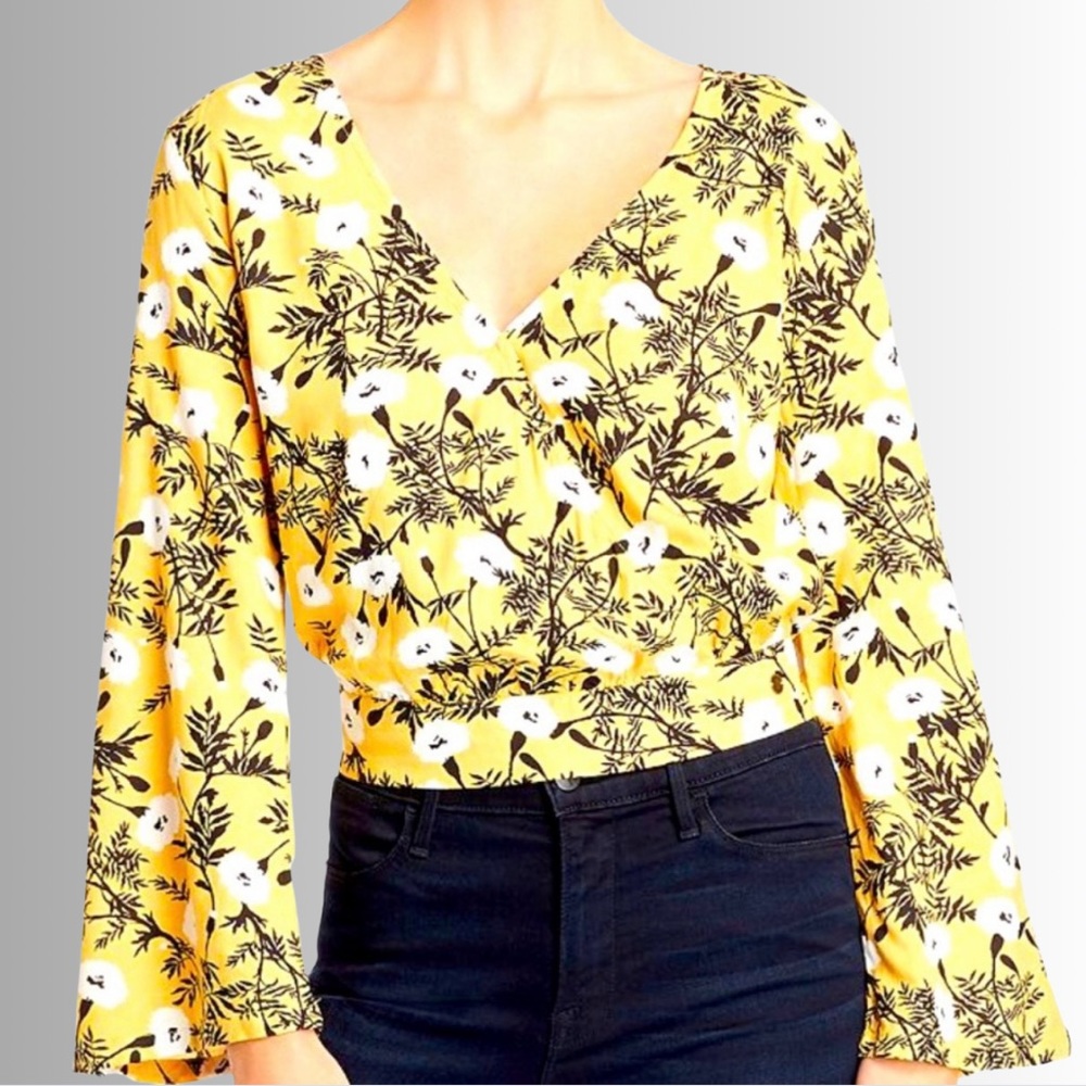 Roxy Gold Faux Wrap Top, Crossover V-Neck, Bell Long Sleeves, Cropped, Small